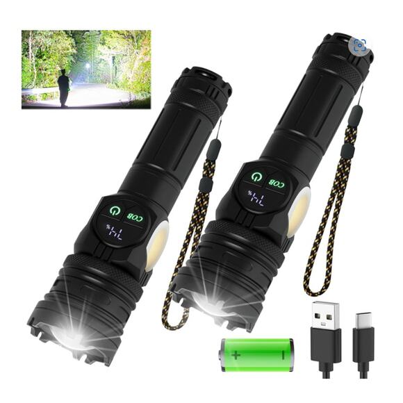 2 Pk Recharge Flashlight, 300000 Lumen LED 9 Modes, Waterproof Dual Button/Port - Picture 1 of 6